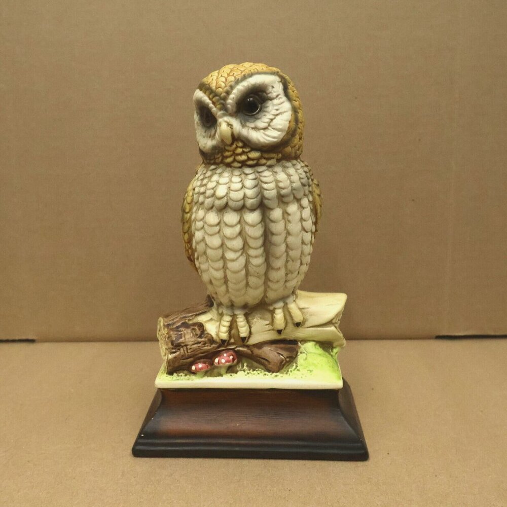 Vintage Porcelain Barn Owl on Log with Mushrooms Signed HK Statue Figurine